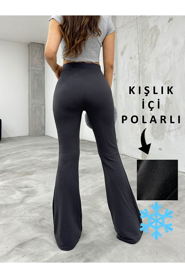 Kadın Gri Yüksek Bel Likralı Toparlayıcı İçi Polarlı Şardonlu Kışlık İspanyol Paça Tayt Pantolon - 7