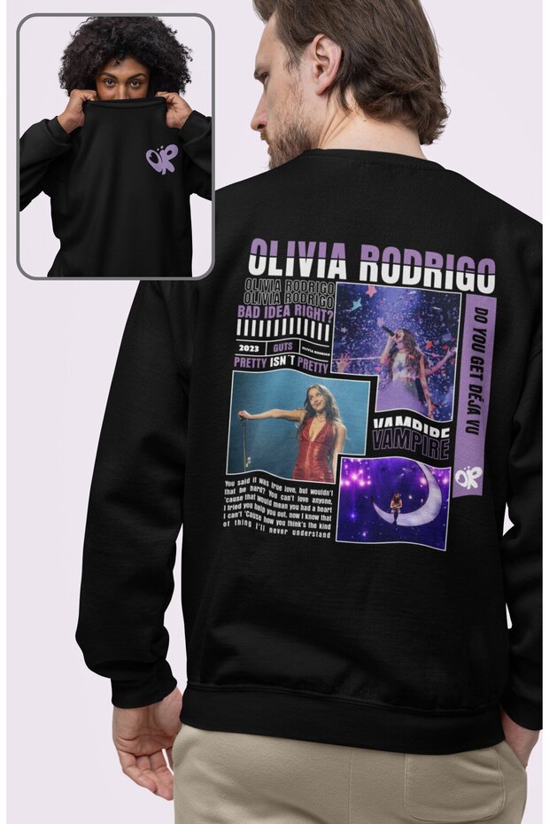 سويت شيرت بدون غطاء للرأس برقبة دائرية وطبعة خلفية من Olivia Rodrigoo للجنسين، مقاس كبير أو حروف
