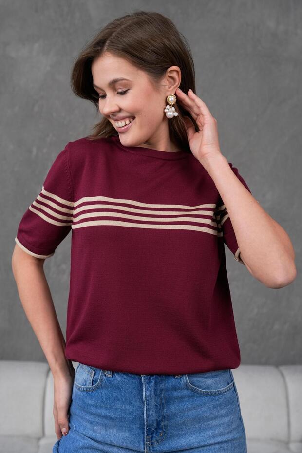 Women's Crew Neck Short Sleeve Striped Knit Blouse 25111 Burgundy-Beige
