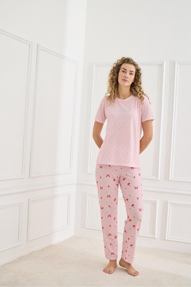 Women's Lycra Single Jersey Soft Textured Short Sleeve Pink Cherry Bomb Written Single Jersey Combed Cotton Pajama Set