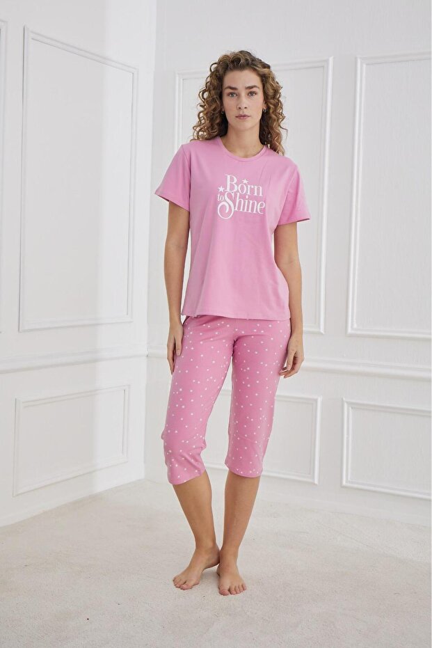 Women's Compact Combed Cotton Soft Textured Short Sleeve Capri Powder Letter Printed Combed Cotton Pajama Set