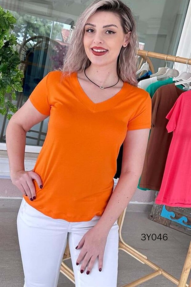 V-Neck Cotton Viscose T-Shirt - 3y046