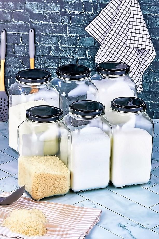 Etiketli 6'lı 3000 ml Cam Erzak Kavanozu Metal Kapaklı Saklama Kabı - 2