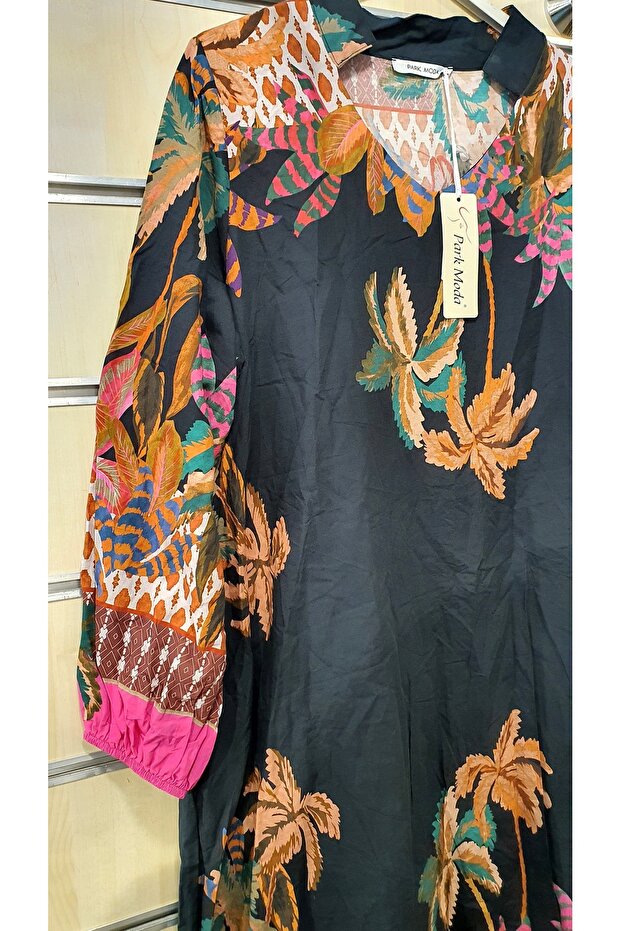 PALMİYE DESEN UZUN PAMUK ELBİSE - 2