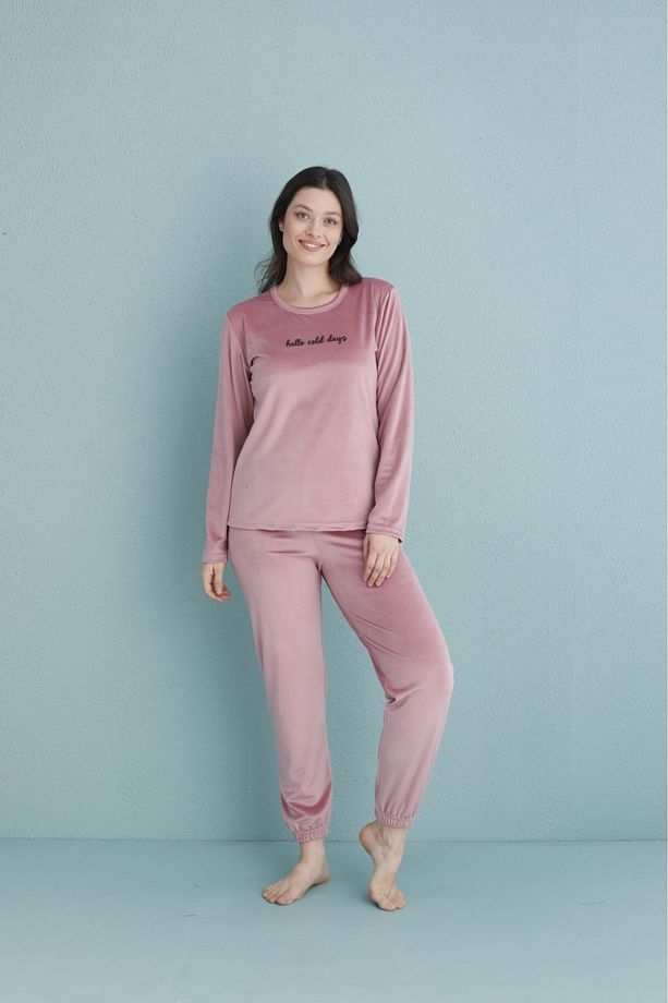 Kadın Pudra Kadife Uzun Kollu Lastikli Paça Yüksek Kalite Pijama Takımı - 1