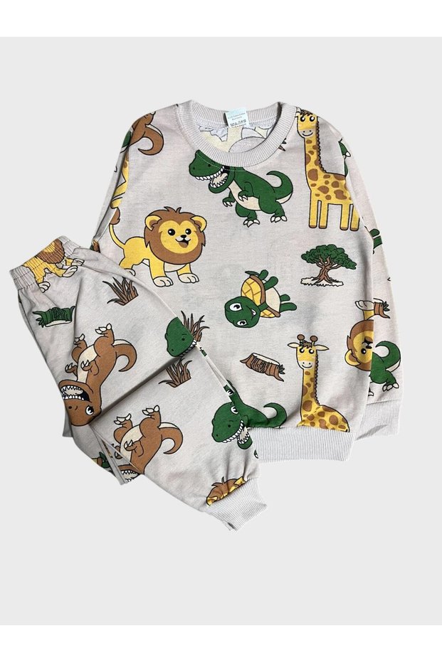 Boy's Cotton Beige Safari Lion Print Long Sleeve Seasonal Pajamas Set