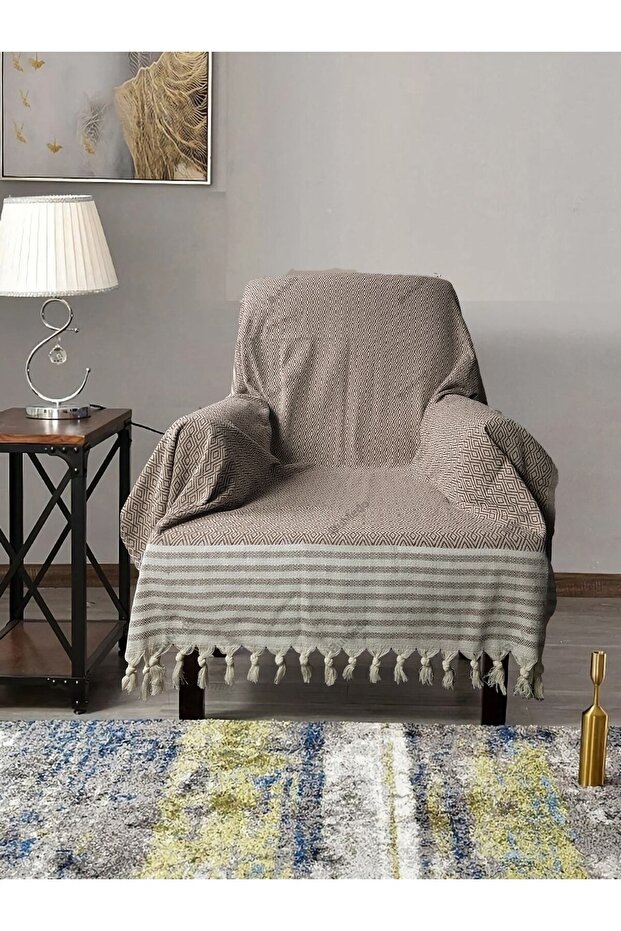 Buldan Work Arms Knitted Single Sofa Armchair Cover 180x150 Large Size 100% Cotton Woven - Brown