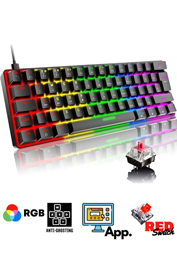T60 Siyah Rgb Uygulamalı Kırmızı Red Switch Gaming Klavye Rgb Kablolu Gaming Oyuncu Klavyesi - 1