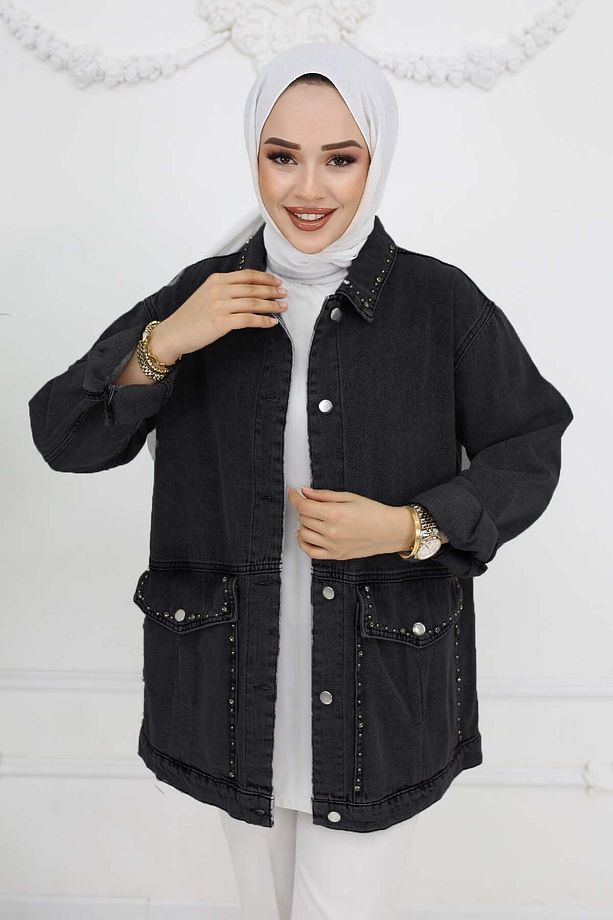 Taş İşlemeli Cepli Kot Ceket Siyah 7902 - 2