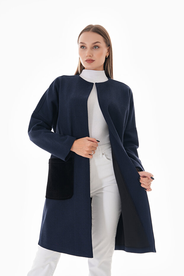 Dark Blue Winter Daily Pocket Jacket Coat Height 90 cm