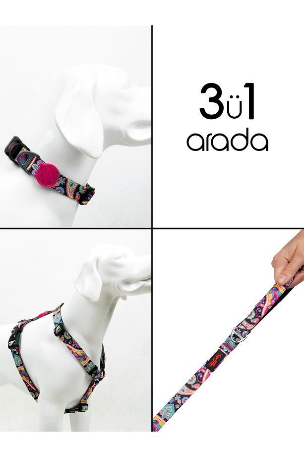 Paisley H-Tipi Göğüs Boyun Tasması ve Sevk Kayışı Seti 3ü1 Arada - 1