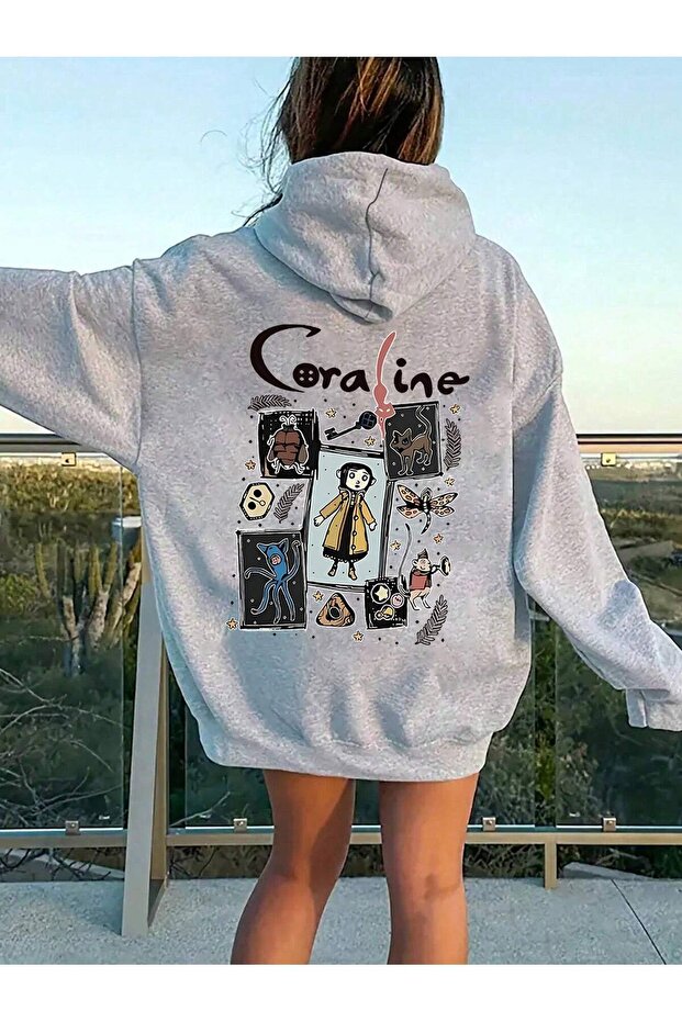 3 İplik Coraline Winter Sweatshirt - Gray Printed Oversize Hooded Hoodie