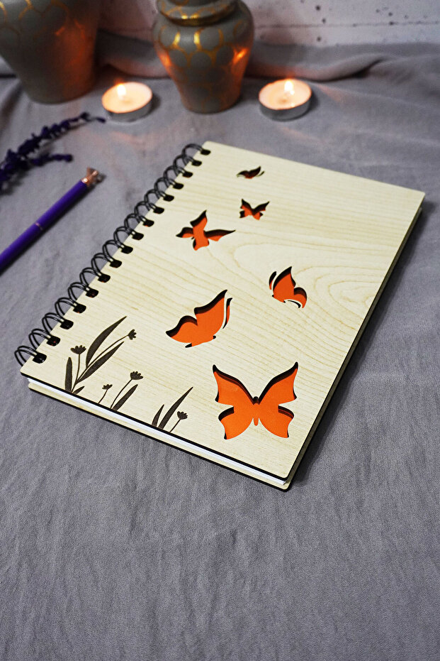 دفتر ملاحظات بغطاء خشبي بنمط الفراشة - دفتر ملاحظات غير مبطن - مذكرات - جدول أعمال - هدية - دفتر ذكريات A5