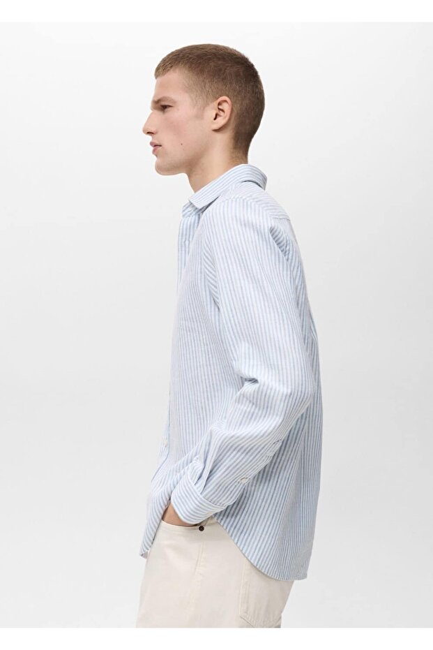 Regular fit çizgili keten gömlek - 7