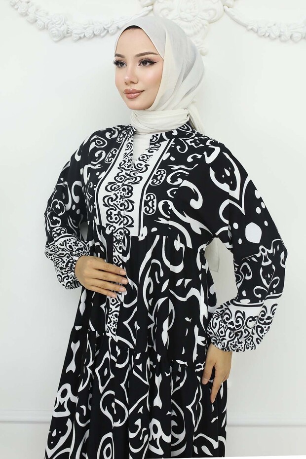 Patterned Viscose Dress Black 2425 - 2