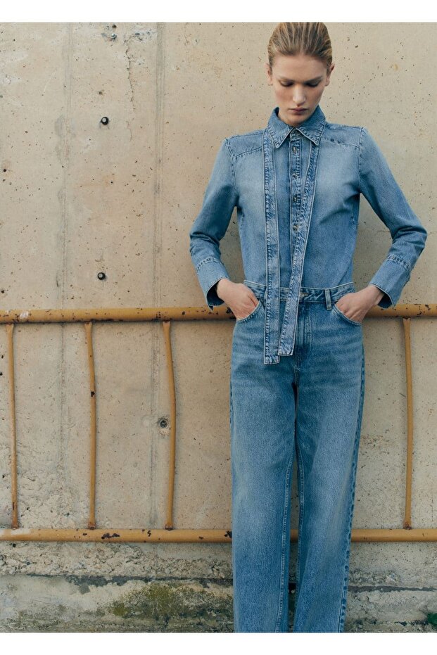 Bağ detaylı denim gömlek - 7