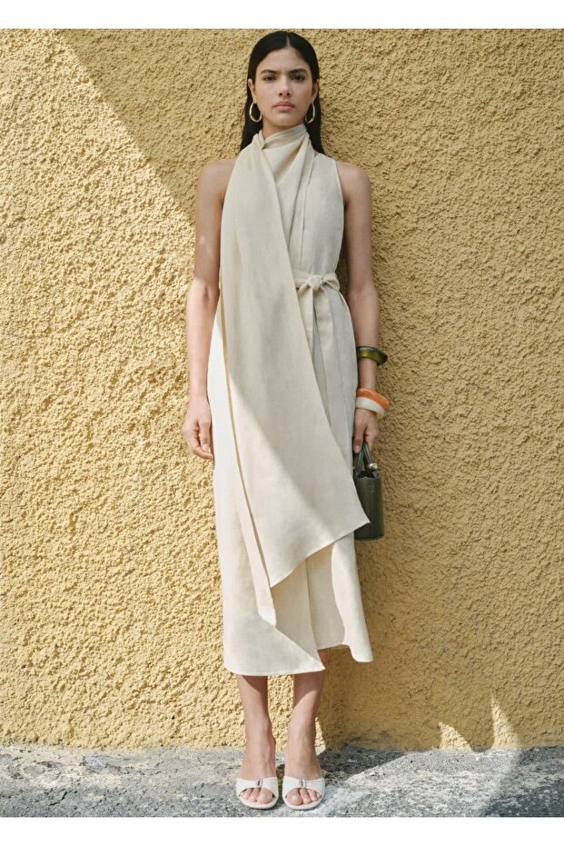 Kemerli keten elbise - 7