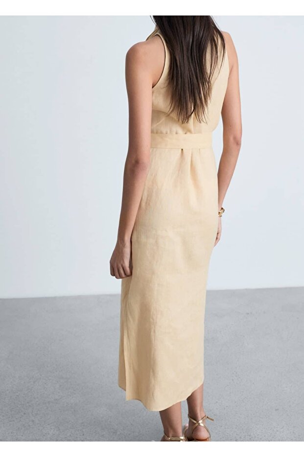 Kemerli keten elbise - 4