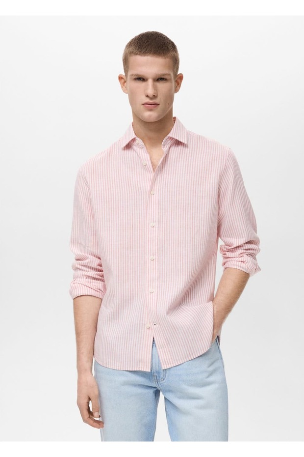 Regular fit çizgili keten gömlek - 1