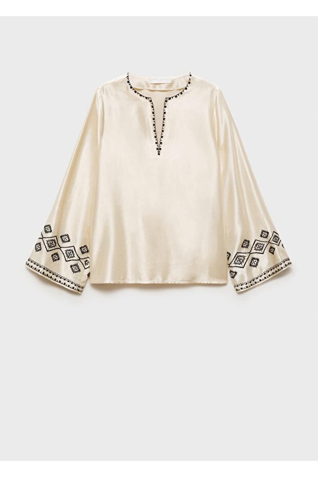 İşlemeli saten bluz - 3