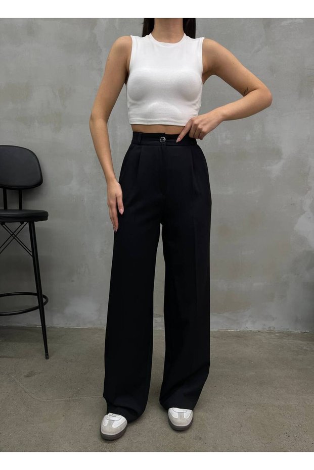 Women's Black High Waist Pleated Palazzo Fabric Trousers Nwj-10005000