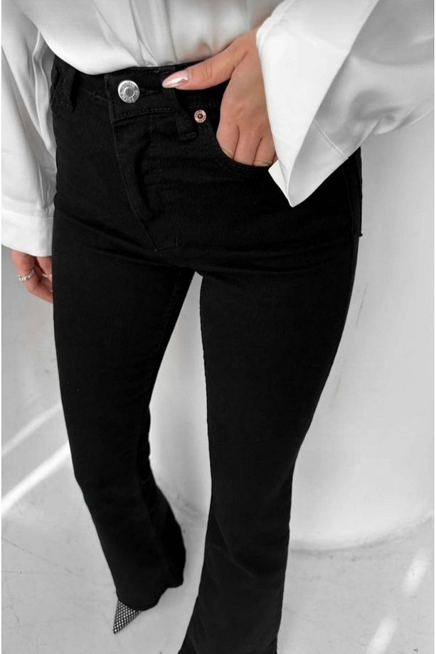 Jasmy Kadın Ispanyol Siyah Yüksek Bel Likralı Ekstra Esnek Flare Jeans Kot Pantolon - 5