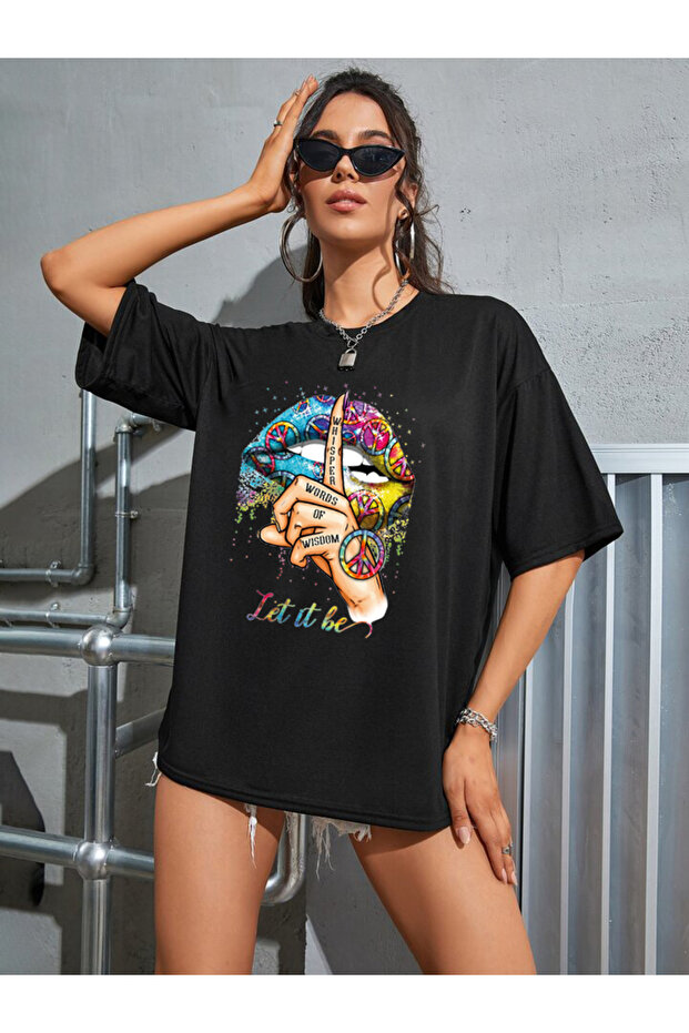 Women's Black Oversize T-Shirt Lip Print