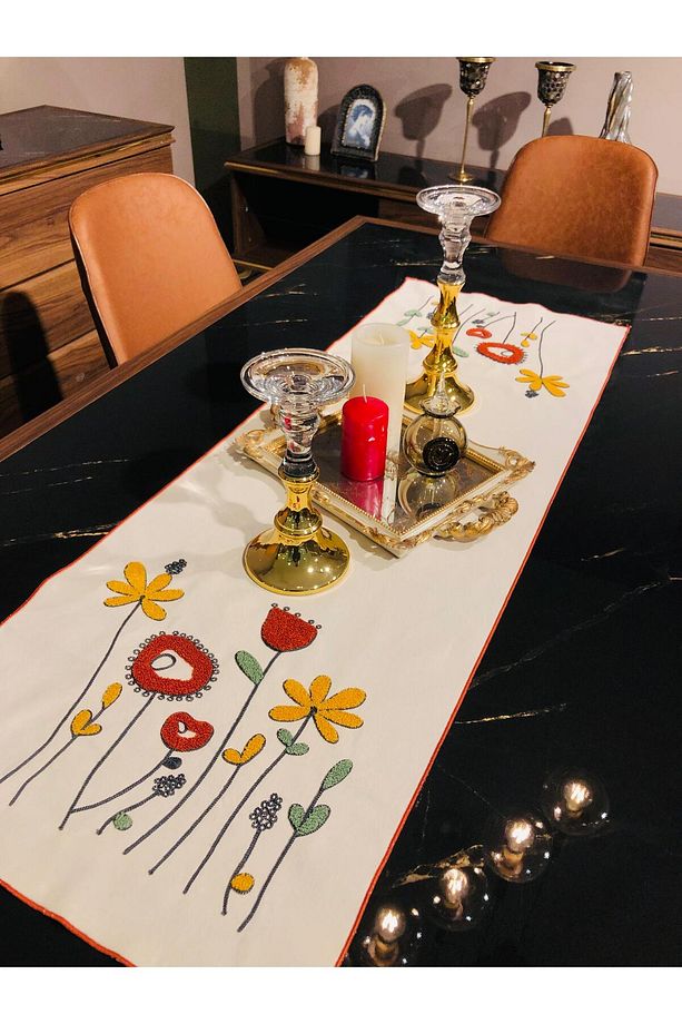 Punch Nakışlı Runner & Amerikan Servisi & Masa Örtüsü & Sehpa Örtüsü 40*130 Cm, Duck Kumaş - 6