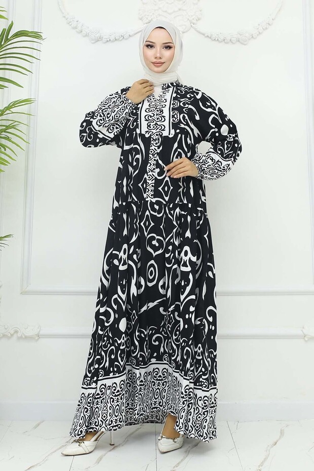 Patterned Viscose Dress Black 2425 - 4