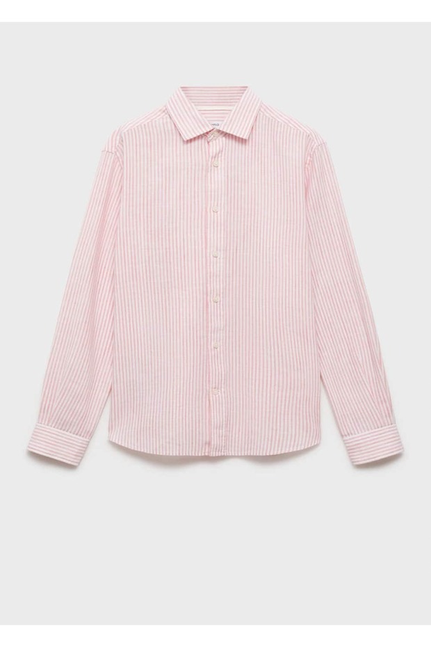 Regular fit çizgili keten gömlek - 3