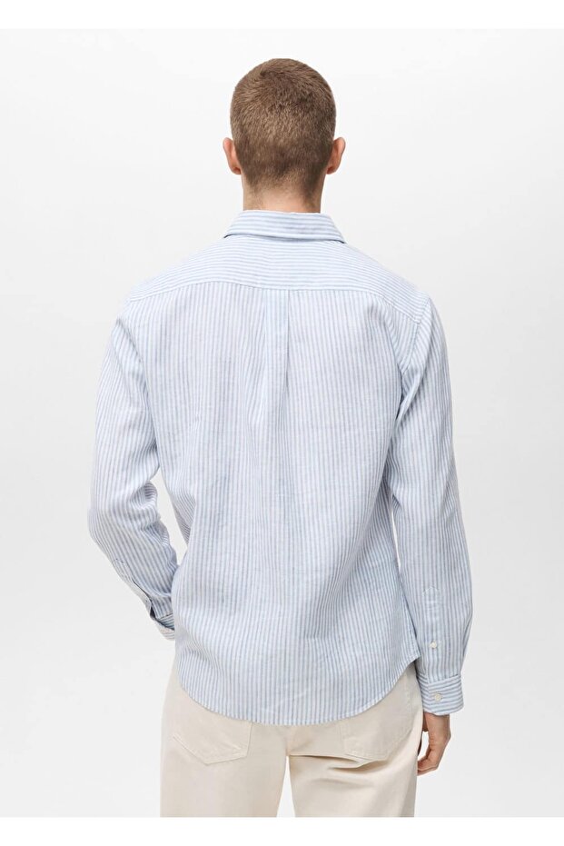Regular fit çizgili keten gömlek - 4