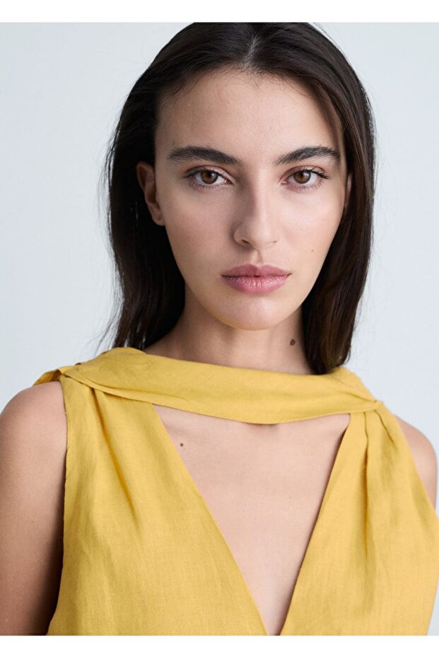 Keten pilili midi elbise - 6