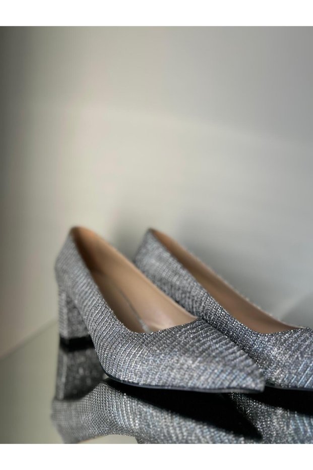 Silver Glitter Thick Heel Stylish Shoes