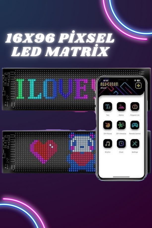 16x96 Piksel Esnek LED Matrix Panel Bluetooth ile Programlanabilir - 1