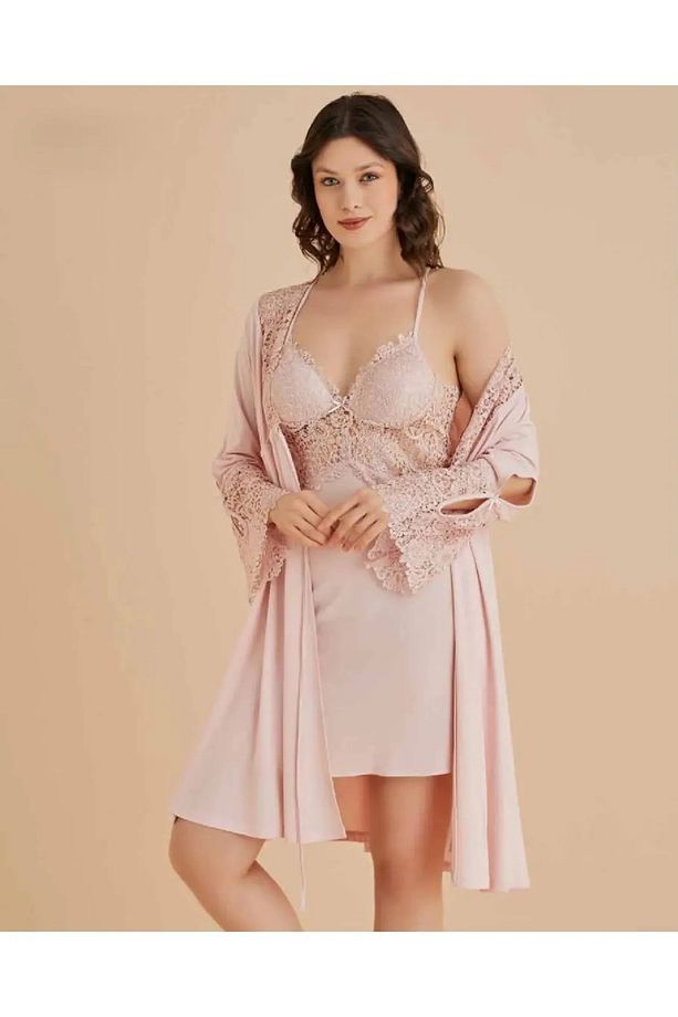 Kadın Pudra 6'lı Penye Kısa Gecelik Sabahlık Şortlu Pijama Takımı R.o.z.4.6.2.5.e.l.t - 1
