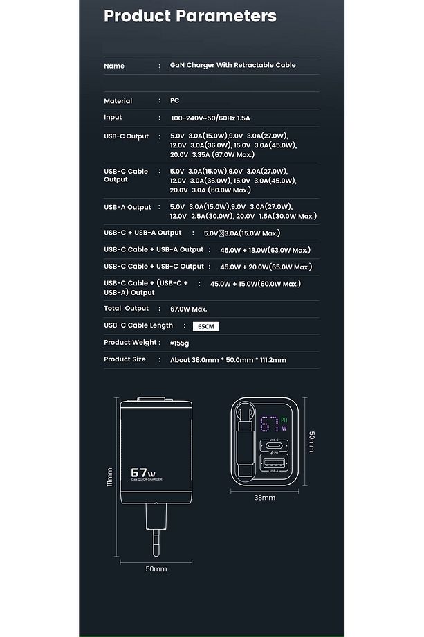 67W HIZLI ŞARJ PREMİUM KALİTE DAHİLİ  TYPE-C + USB-A ÇIKIŞ, MAKARA SİSTEMLİ DAHİLİ TYPE-C KABLOLU - 5
