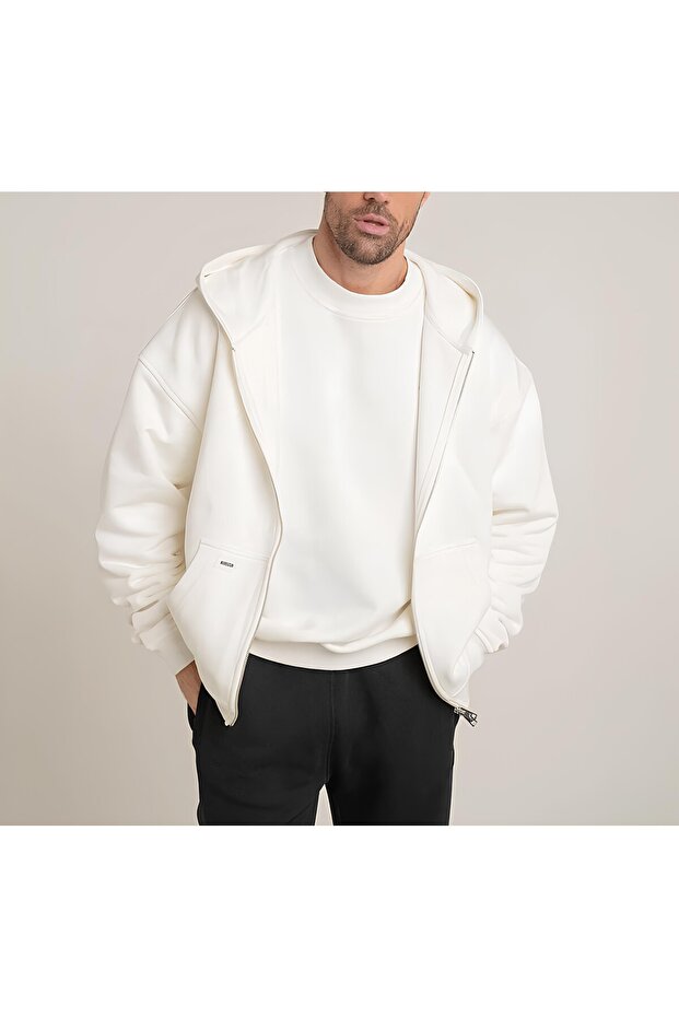 White Zippered Kangaroo Pocket Sweatshirt