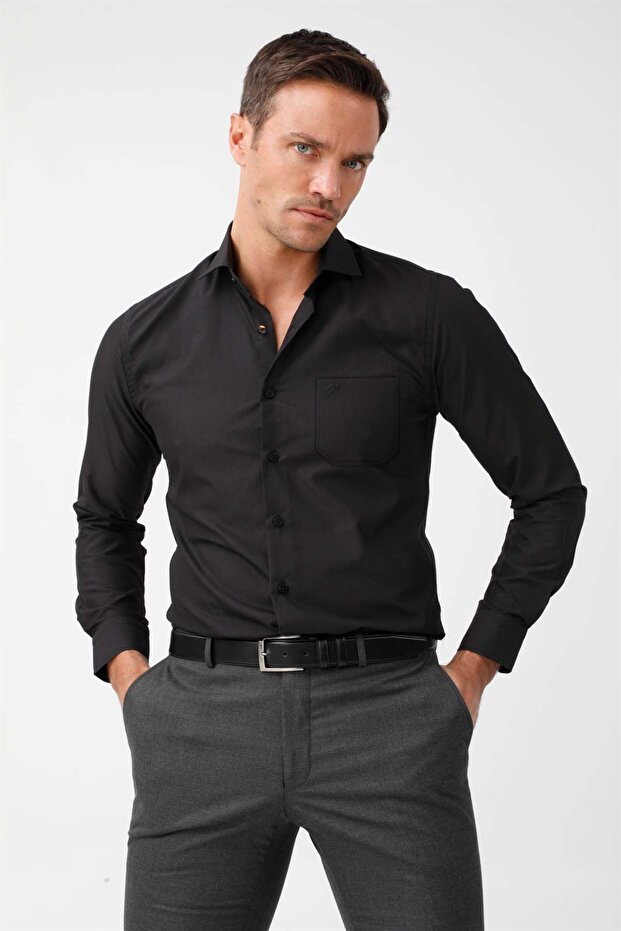 ERKEK SİYAH REGULARFIT / RAHAT KALIP EASY IRON ( KOLAY ÜTÜ ) BASIC GÖMLEK - 1