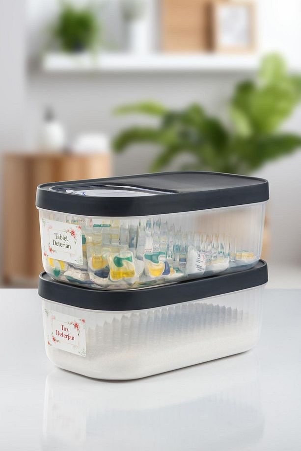 2'li 5 Lt Multibox Kayar Kapaklı Saklama Kabı & Erzak Kabı & Toz Ve Tablet Deterjan Kutusu ( Etiket - 3