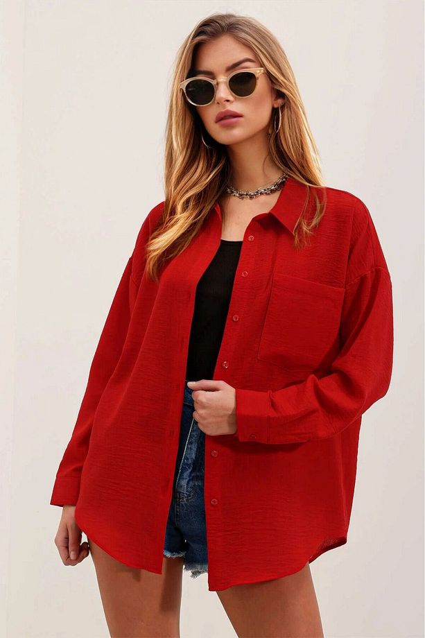Kadın Kırmızı Tek Cepli Oversize Keten Ayrobin Gömlek HZL24S-BD1201531 - 2