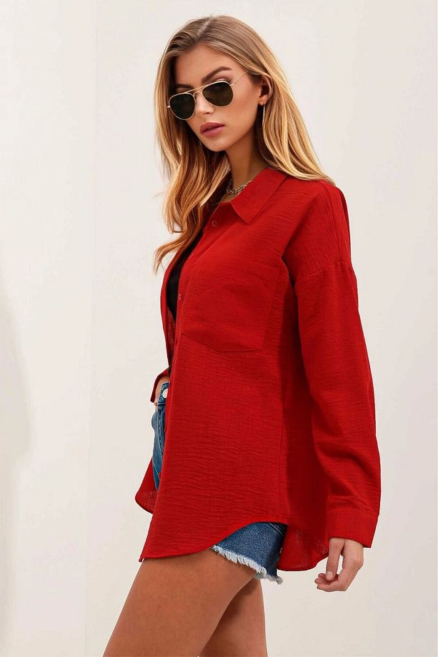 Kadın Kırmızı Tek Cepli Oversize Keten Ayrobin Gömlek HZL24S-BD1201531 - 3