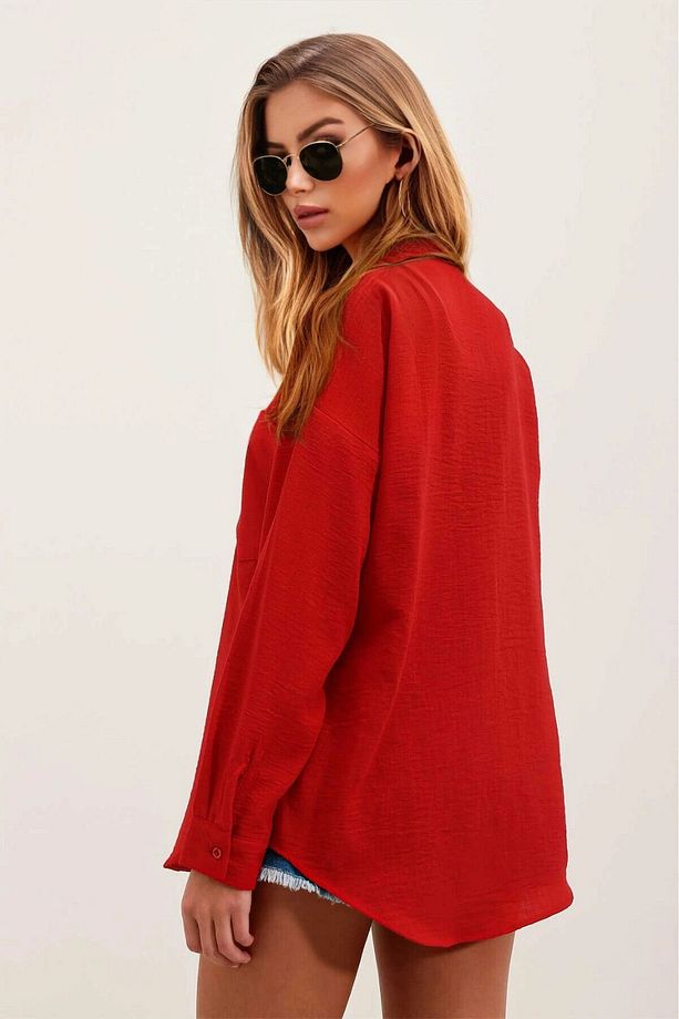 Kadın Kırmızı Tek Cepli Oversize Keten Ayrobin Gömlek HZL24S-BD1201531 - 4