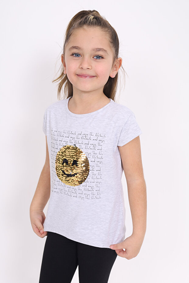 Girl's Smiling Face Sequin Embroidery T-Shirt