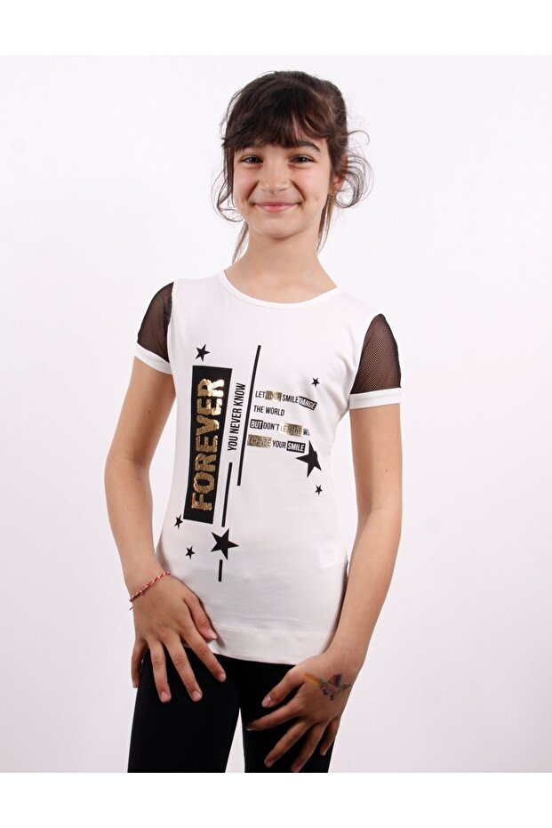 Girl's Star Printed T-Shirt with Mesh on the Sleeve
