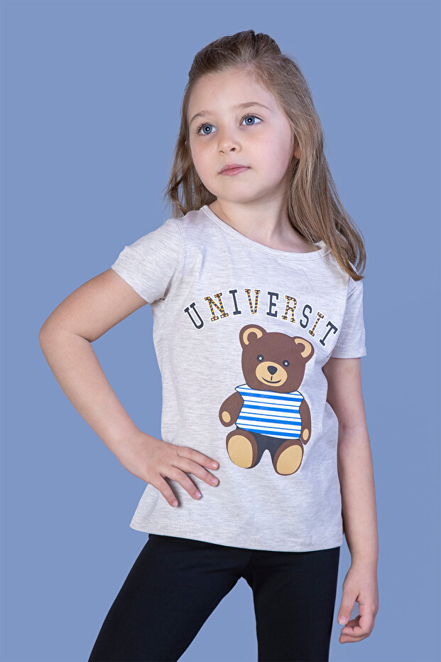 Girl's Teddy Bear and Text Printed Stone Embroidered T-Shirt