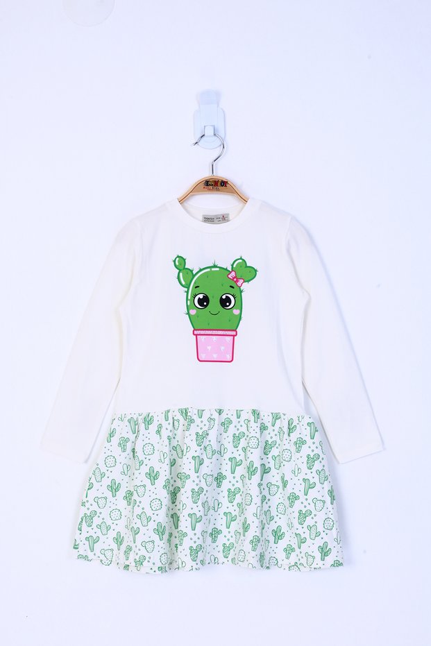 Girl's Crew Neck Skirt Flounce Cactus Printed Dress