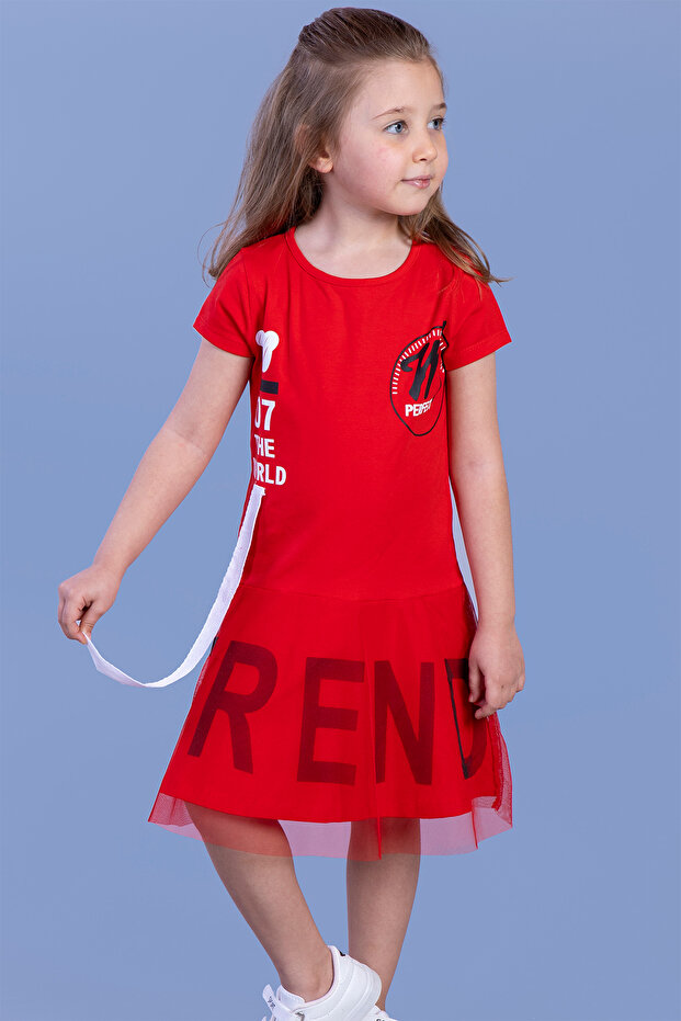 Girl's Tulle Trendy Printed Dress with Ribbon Detail