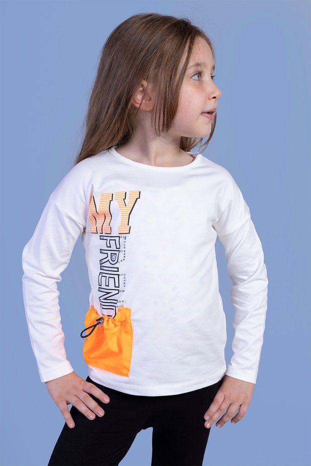 Girl's Pocket Detailed Printed T-Shirt
