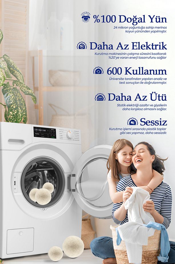 Clean 3 Adet Çamaşır Yün Keçe Kurutma Topu + 30ml Esans Koku Hediye - Doğal ve Çevre Dostu - 2