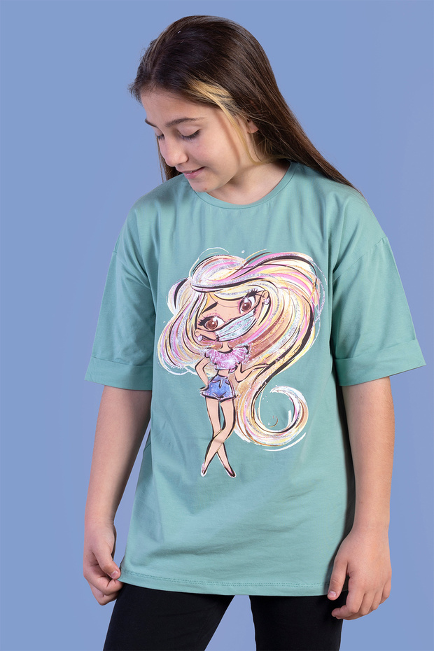 Girl's Printed Dropped Sleeve T-Shirt